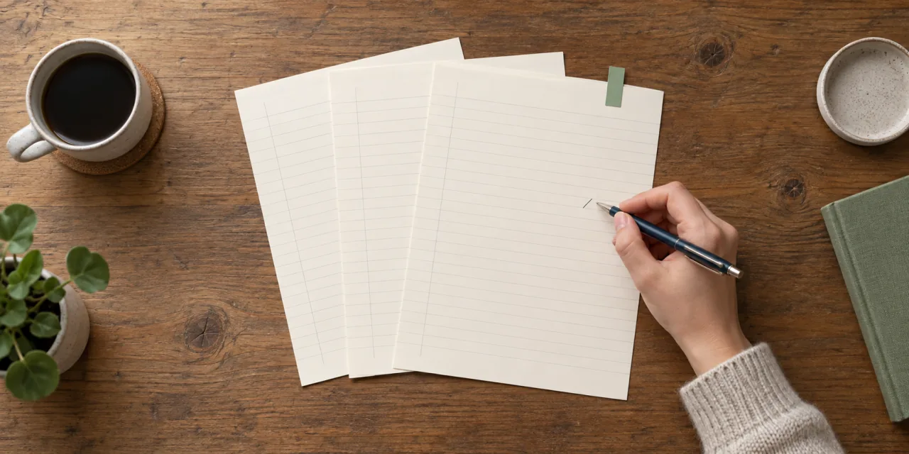 Trois feuilles lignées vierges disposées en éventail sur un bureau en bois, un stylo tenu au-dessus de la première