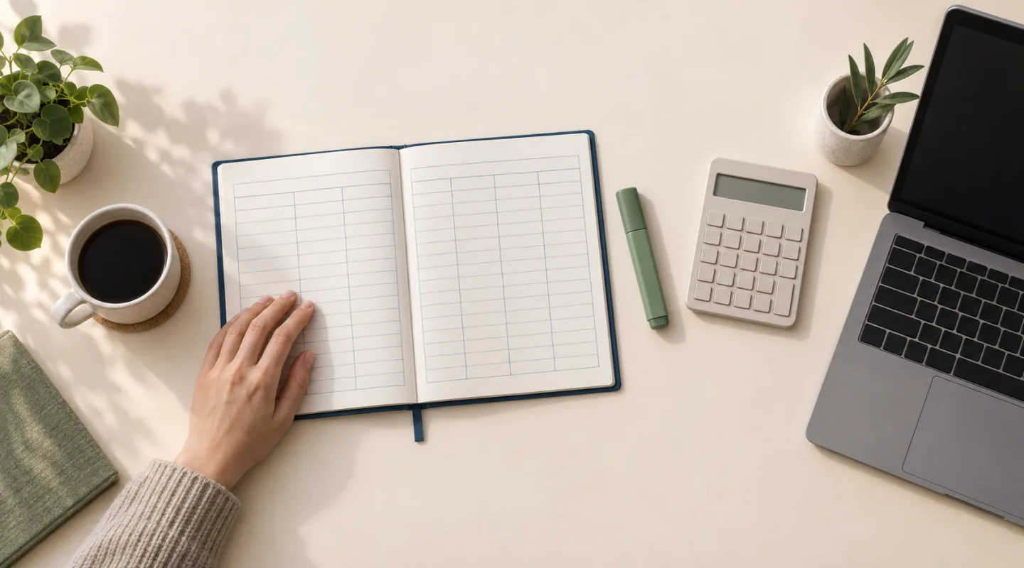 Bureau vu de dessus : un carnet ouvert sur un tableau vierge à colonnes, une calculatrice, un surligneur et un ordinateur portable