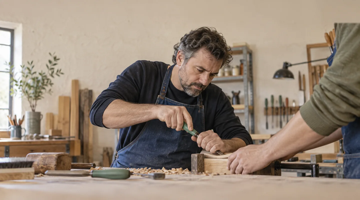 Un homme d’une quarantaine d’années travaille le bois au ciseau dans un atelier, aidé par les mains d’une autre personne hors cadre