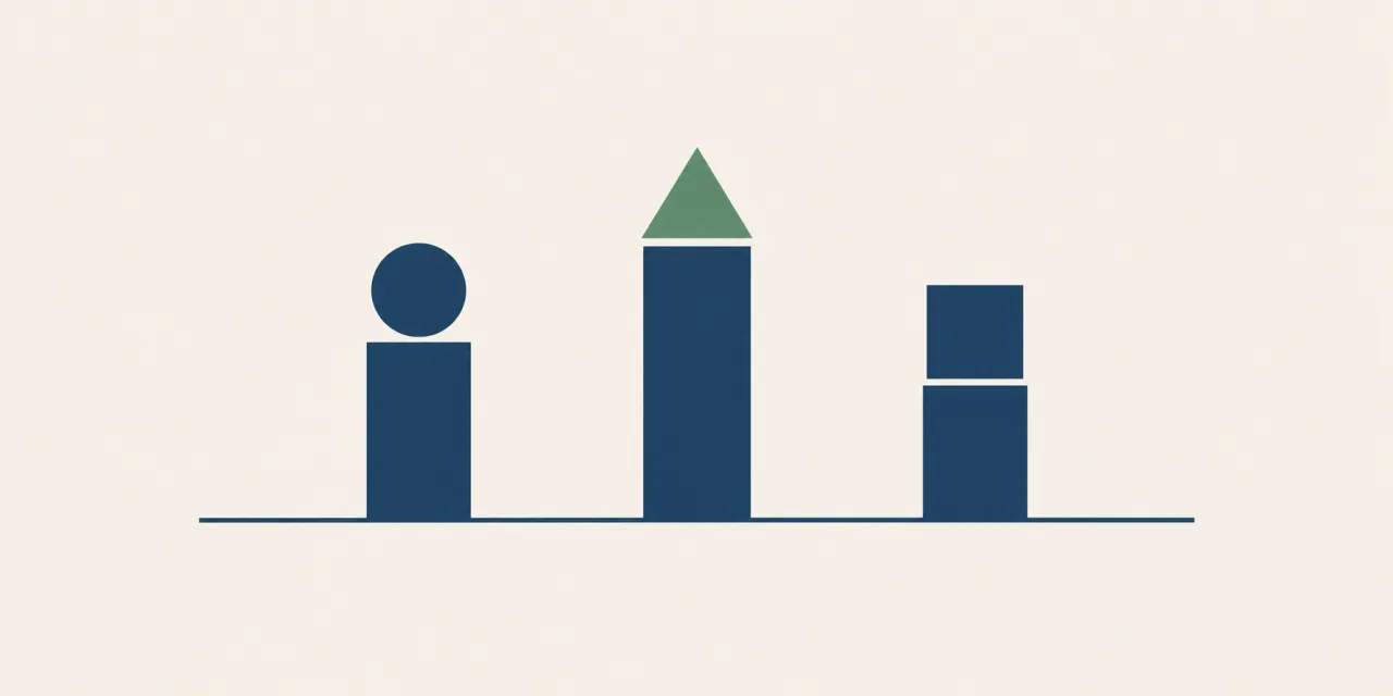 Trois colonnes de hauteurs différentes sur une même ligne de base, surmontées d’un cercle, d’un triangle vert et d’un carré