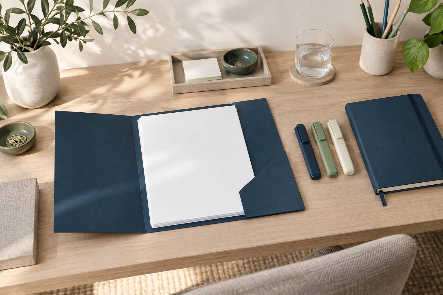 Chemise ouverte aux pages vierges sur un bureau range