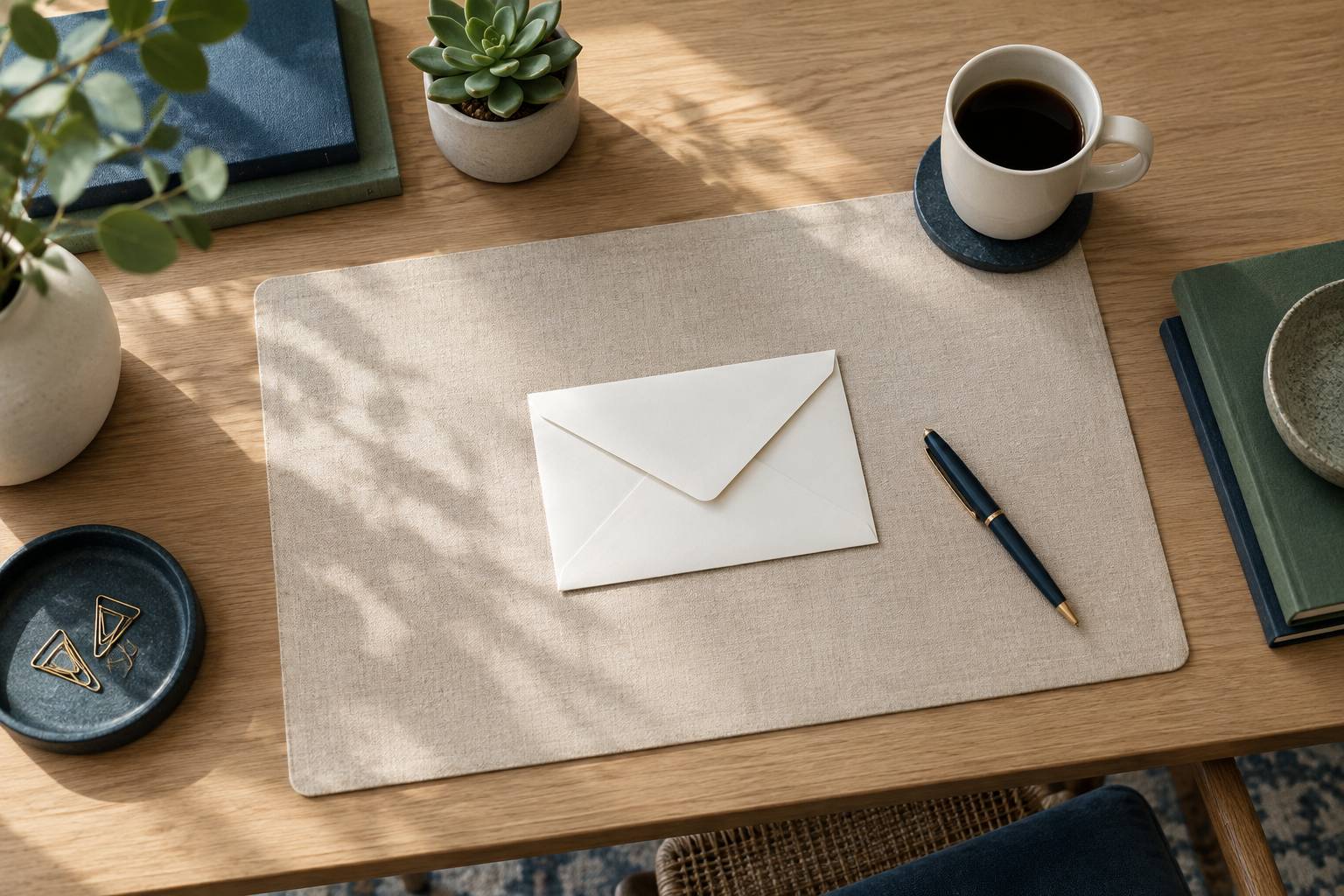 Enveloppe fermee et stylo poses sur un sous-main de lin