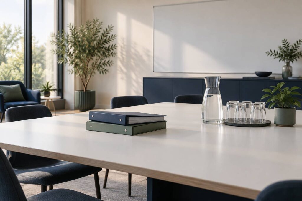 Grande table de travail vide avec classeurs neutres et carafe dans un bureau de formation