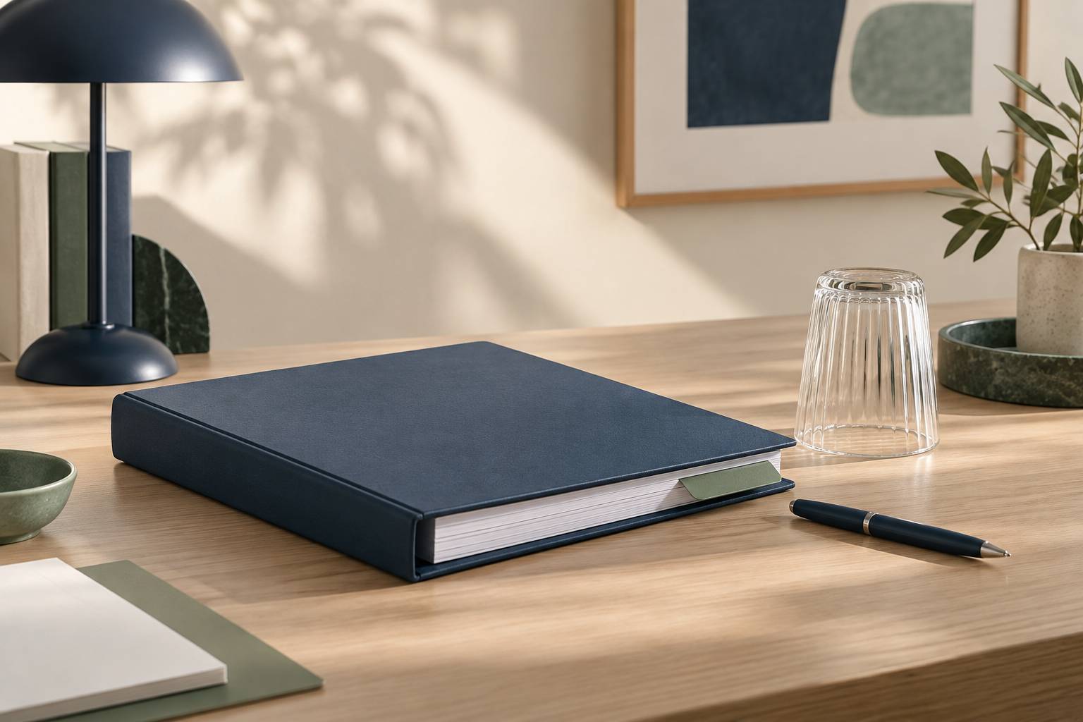 Classeur neutre ferme avec stylo sur une table de formation