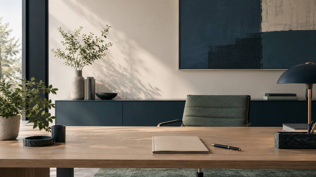 Bureau professionnel calme avec dossier ferme, plante verte et lumiere naturelle
