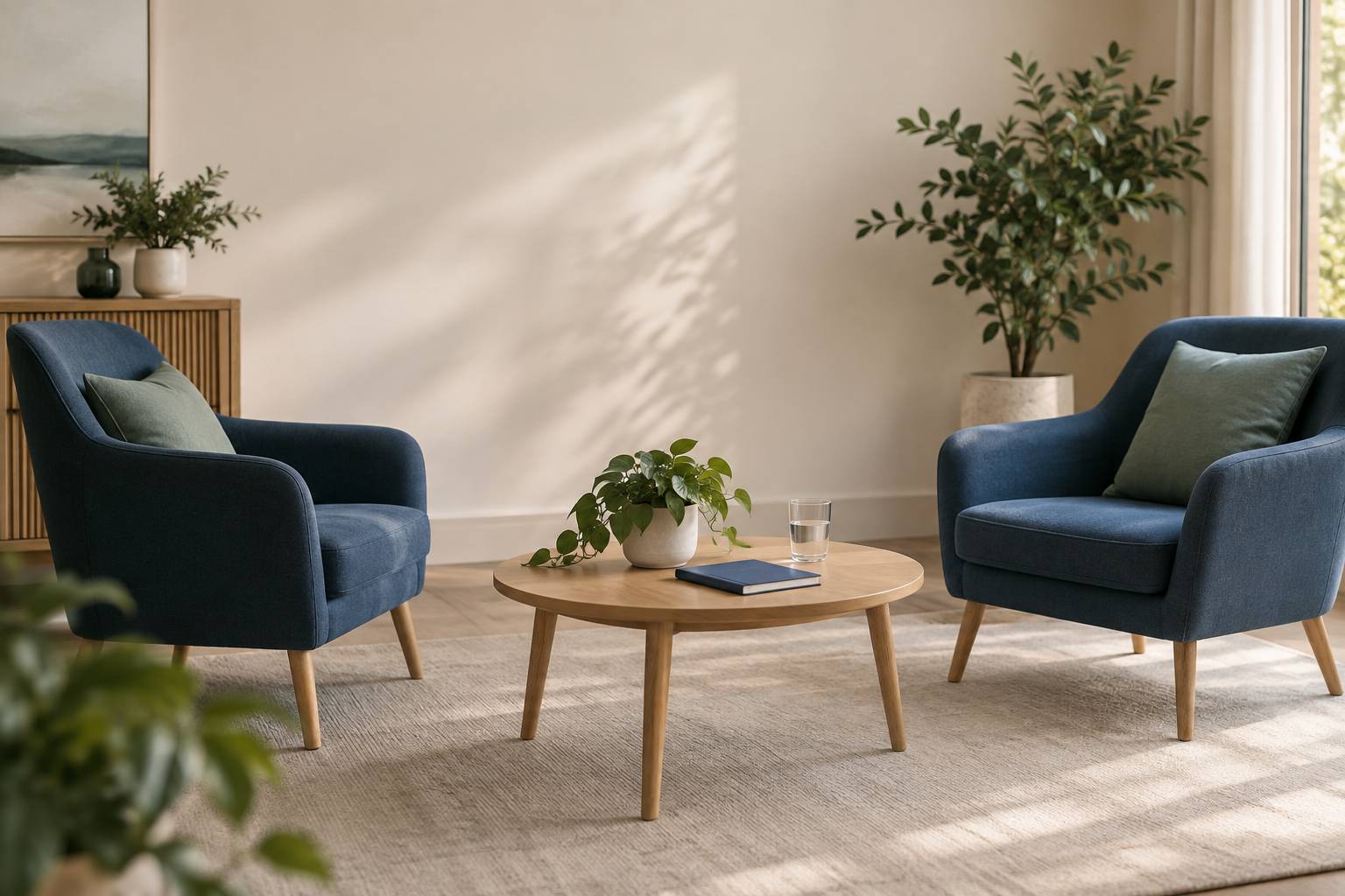 Coin d'entretien sobre avec deux chaises, table basse en bois et carnet ferme
