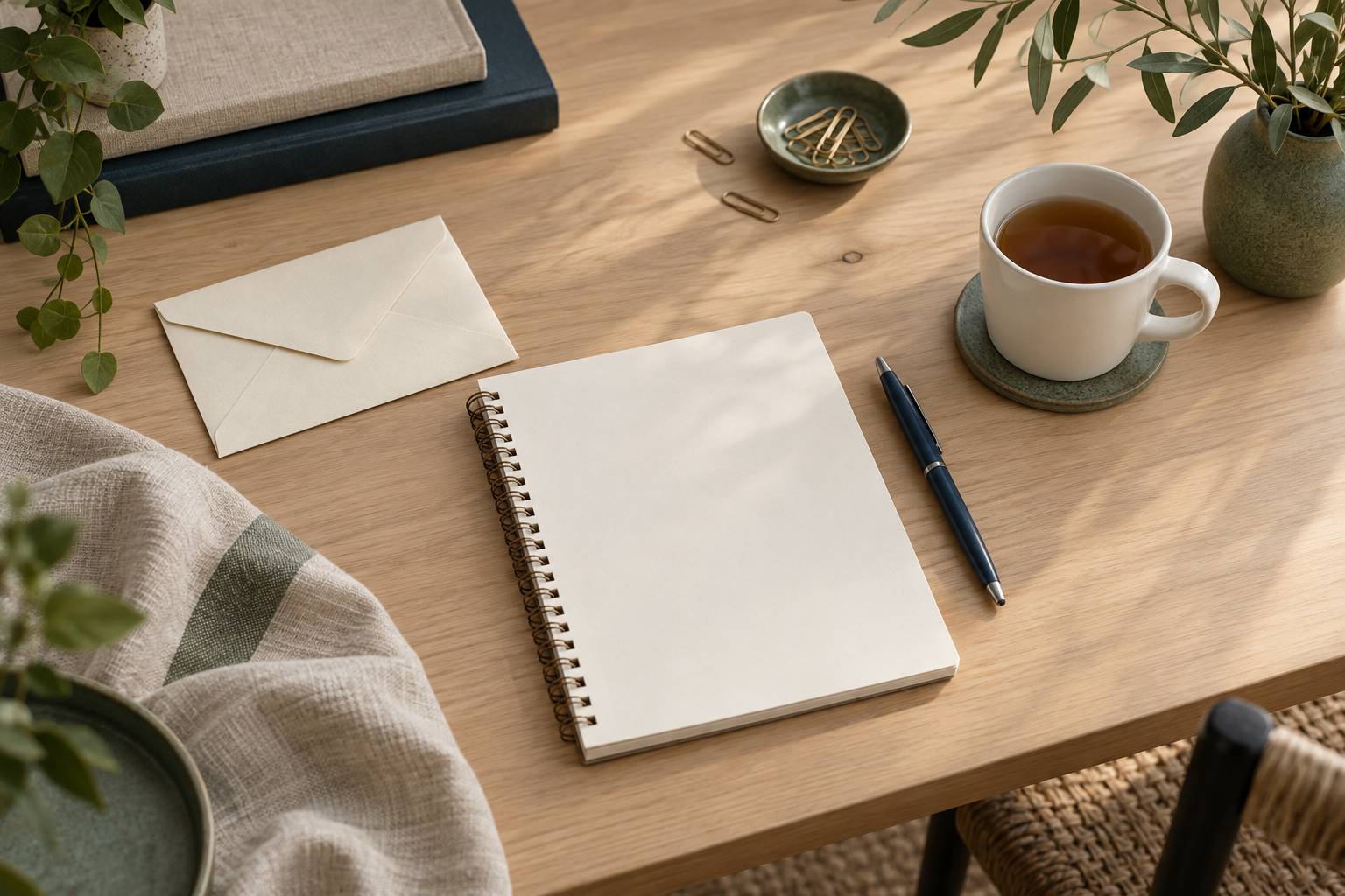 Bloc-notes vierge, stylo et tasse de the sur un bureau en bois clair