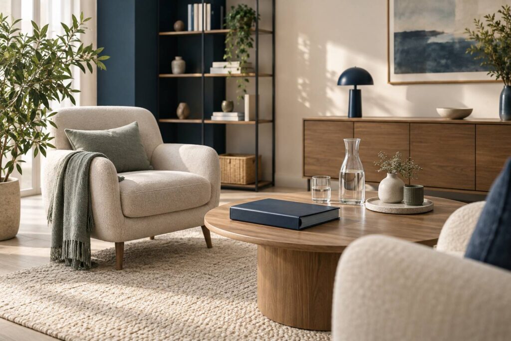 Bureau d'accompagnement chaleureux avec fauteuil en tissu ecru et classeur