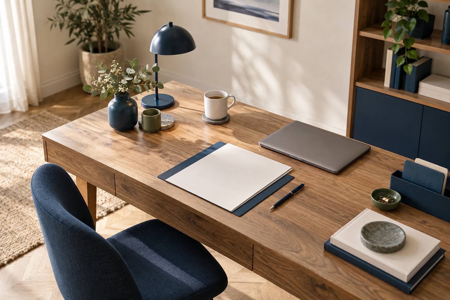 Chemise de documents vierges et ordinateur portable ferme sur un bureau