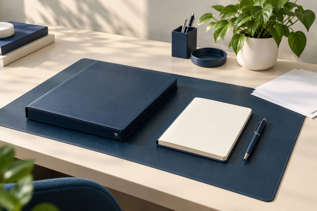 Bureau sobre avec classeur ferme, carnet vierge et plante verte