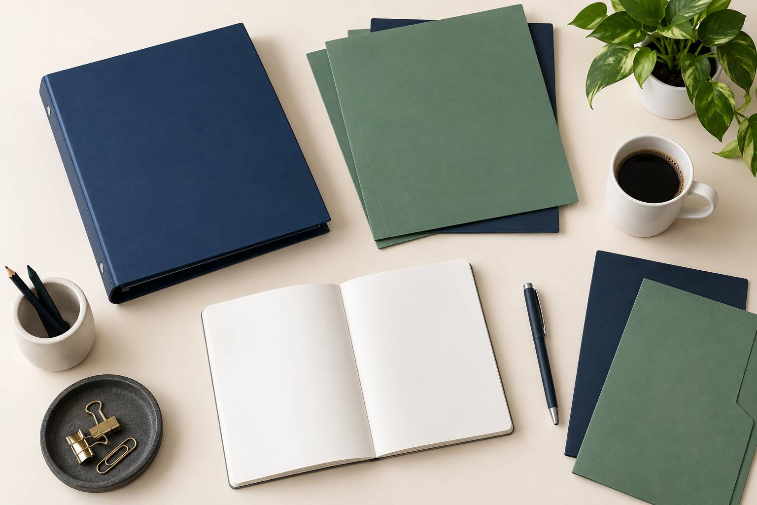 Espace de travail avec classeur, chemises vierges et carnet
