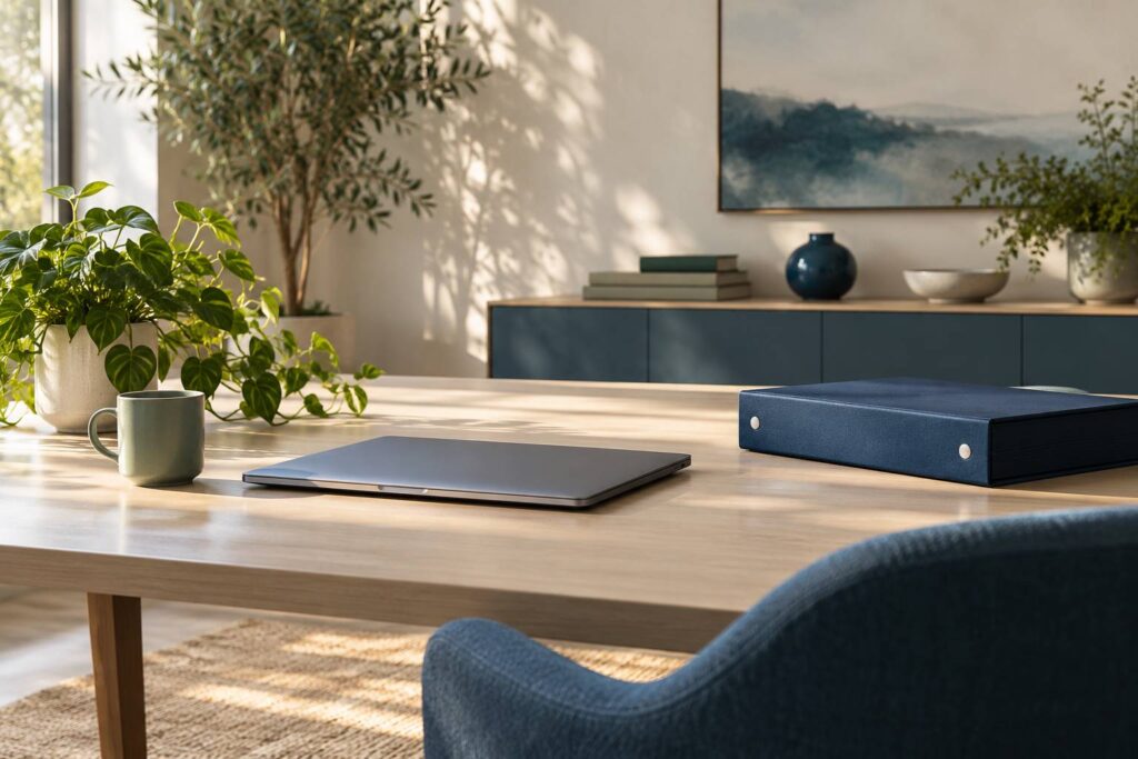 Classeur de dossiers fermes sur une table de travail lumineuse