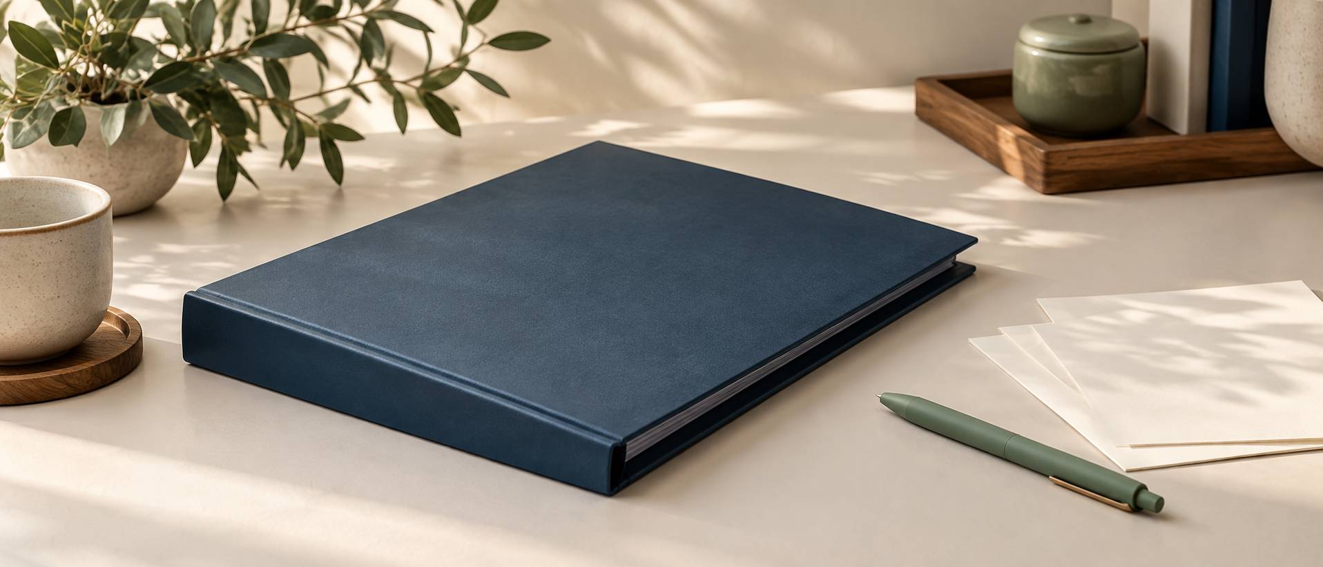 Classeur ferme, fiches vierges et stylo poses sur une table claire