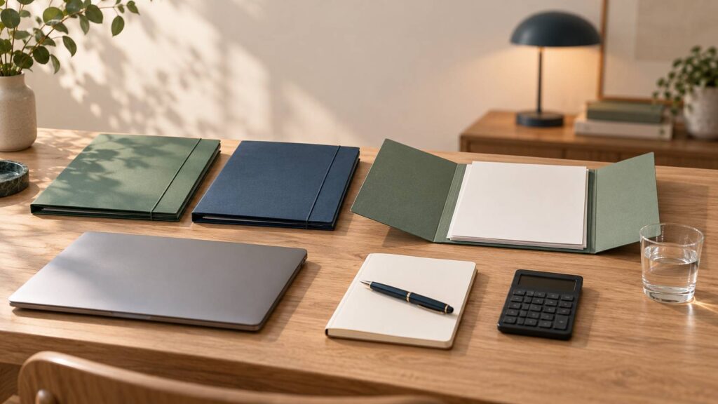 Deux chemises cartonnees, ordinateur portable ferme et stylo plume sur un bureau range