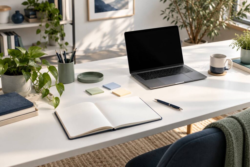 Bureau lumineux avec feuilles vierges, post-it colorés et plante verte