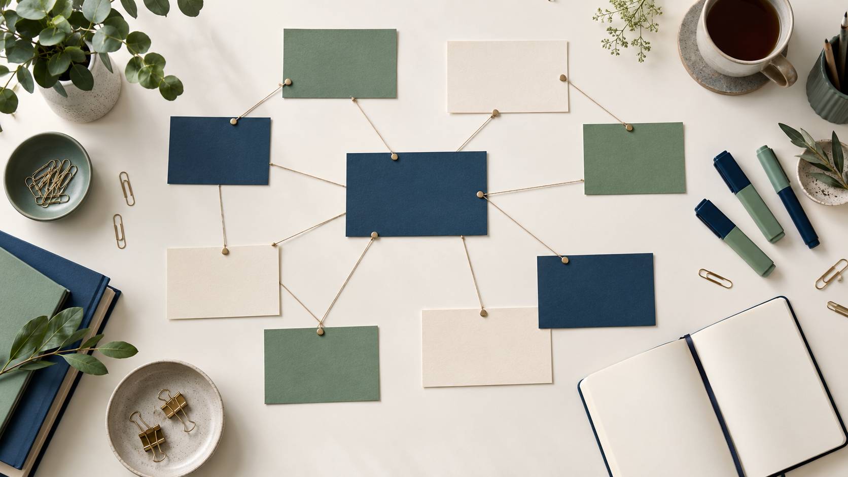 Fiches cartonnées reliées par des ficelles sur une table de travail
