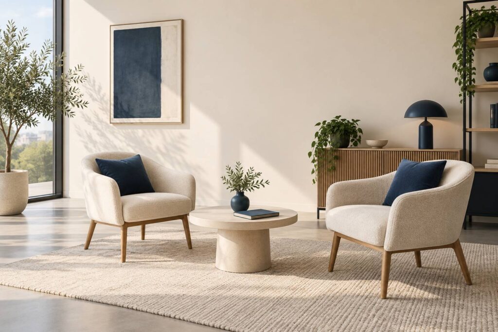 Espace de rendez-vous lumineux avec deux chaises et une petite table pour un entretien
