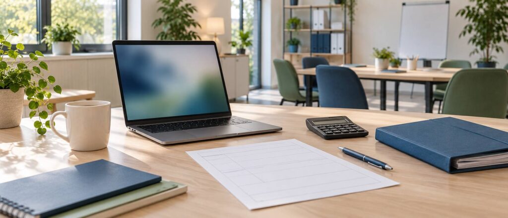 Bureau de formation avec ordinateur portable, formulaire aux cases vierges et calculatrice
