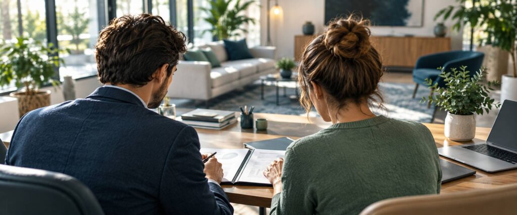 Deux personnes vues de dos lors d'un entretien de conseil autour d'un bureau