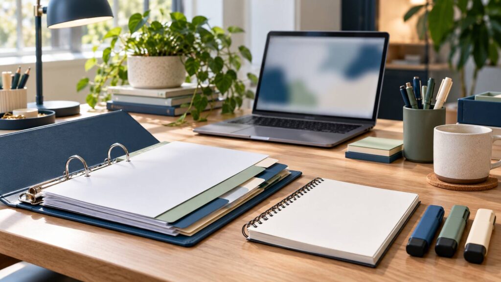 Classeur à levier ouvert avec intercalaires colorés, bloc-notes et stylos sur un bureau
