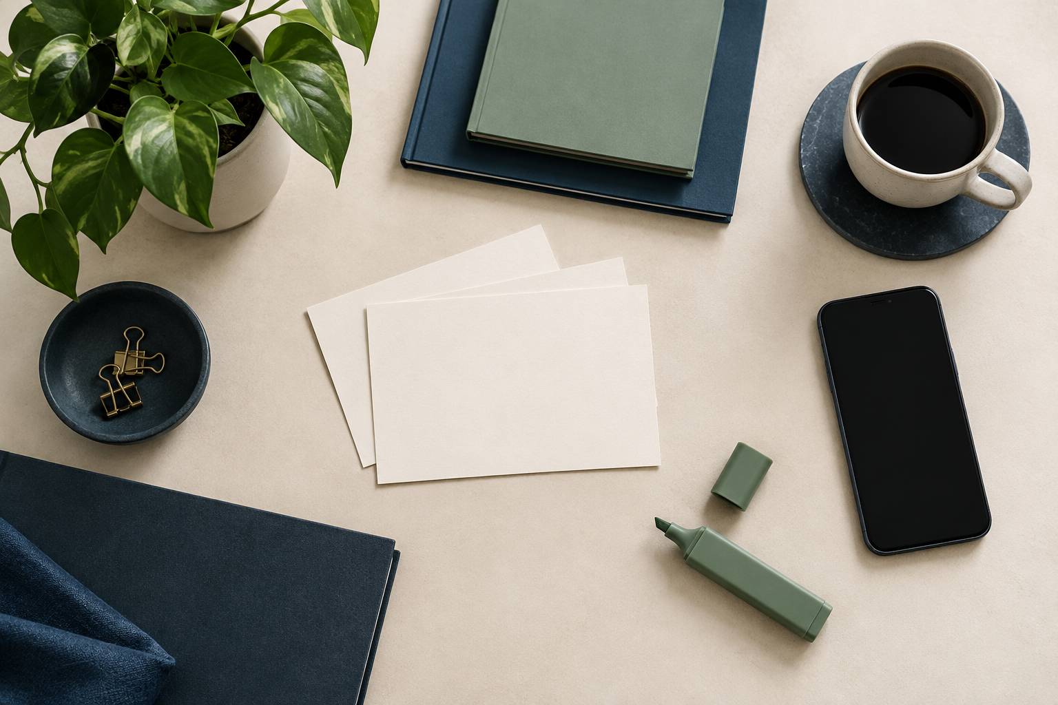 Espace de travail avec plante fiches neutres et telephone eteint