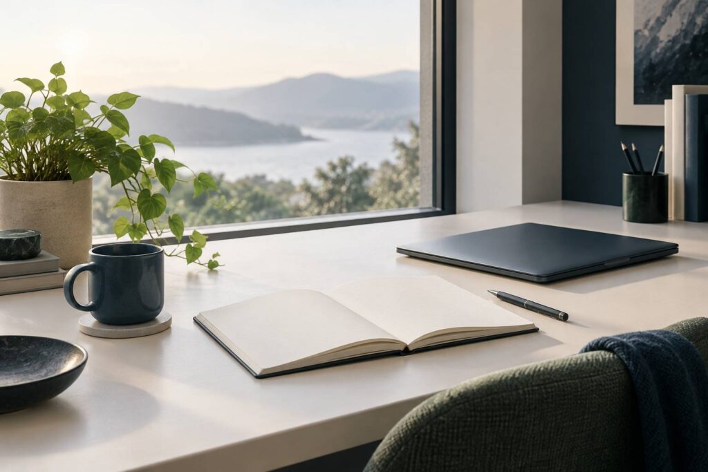 Bureau clair avec carnet ouvert et plante pour reflechir a un projet
