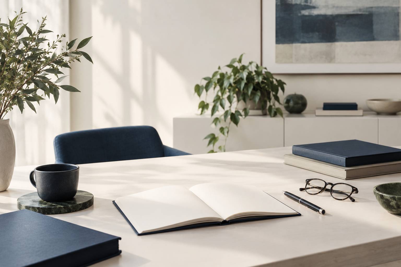 Table de travail avec carnet vierge et dossiers pour preparer un projet