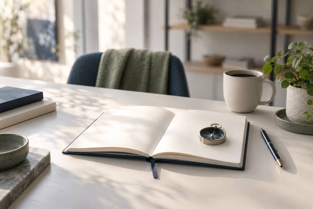 Bureau lumineux avec carnet, boussole, stylo et tasse de café