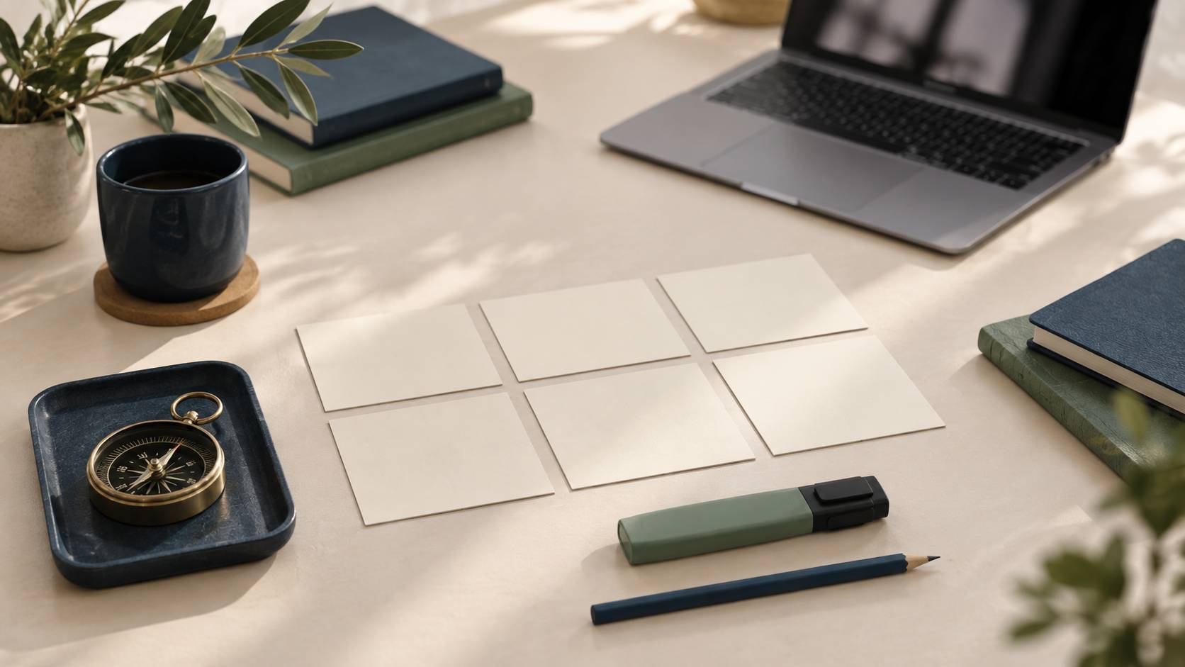 Fiches vierges, boussole et ordinateur flou sur un bureau de travail