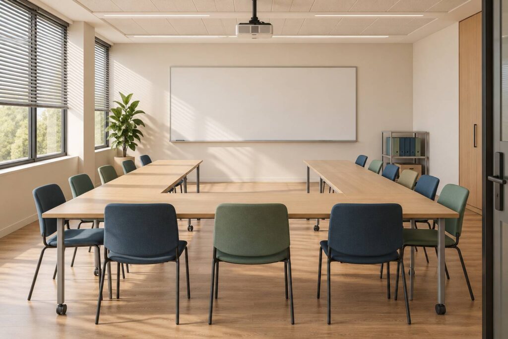 Salle de formation vide avec tables en U, chaises alignées et tableau blanc effacé