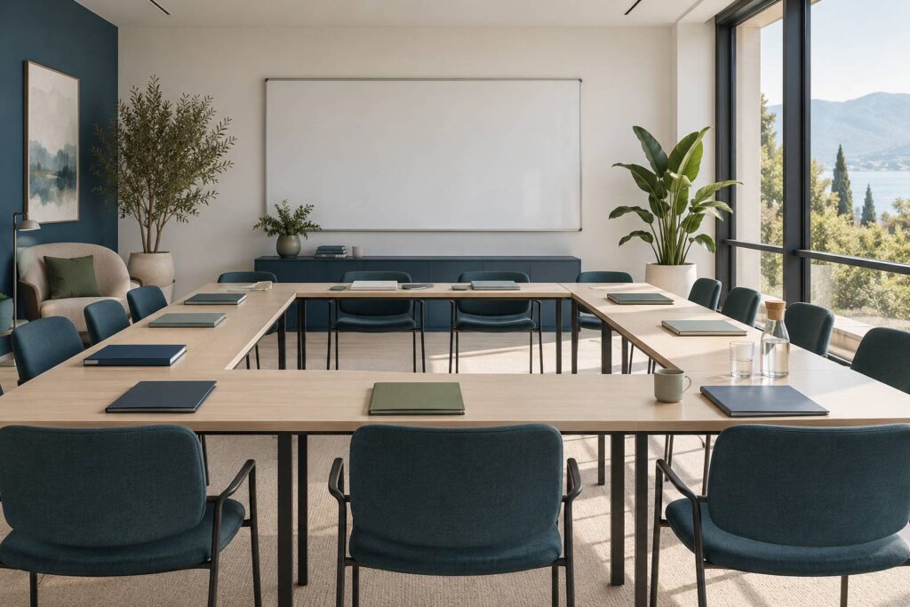 Salle de formation pour adultes avec tables en U et tableau vierge