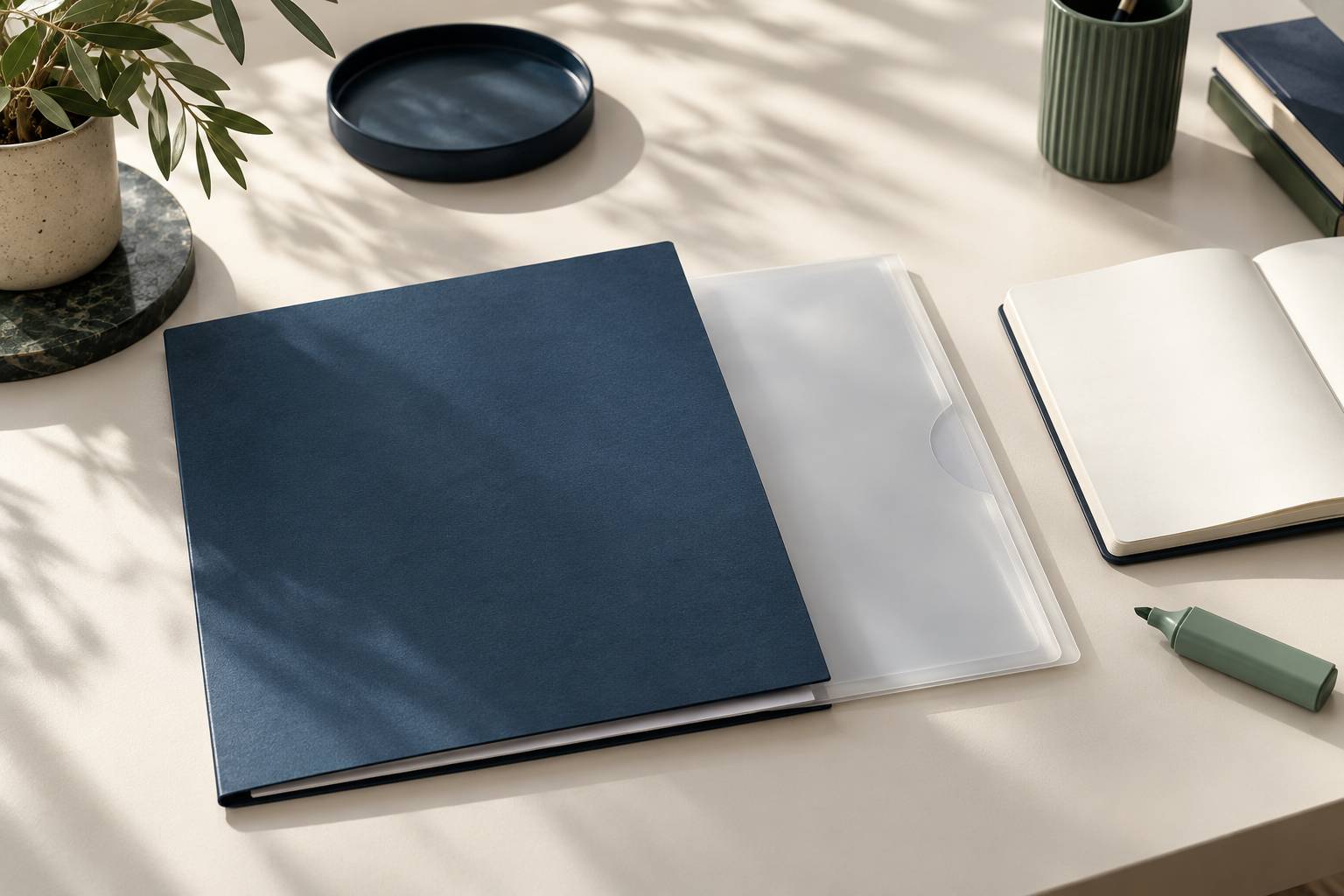 Dossier de validation et bloc-notes poses sur un bureau